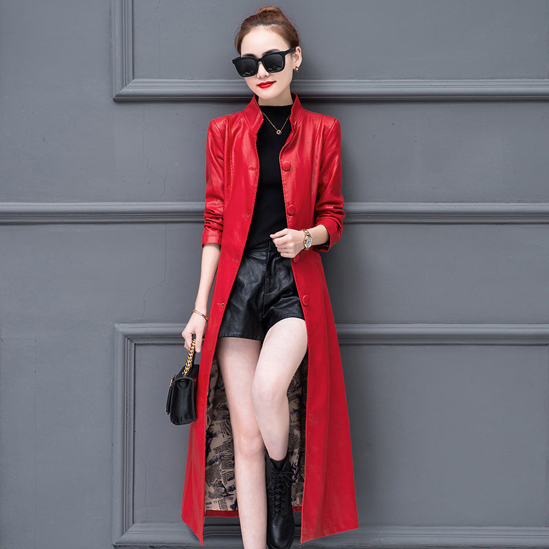 Spring And Autumn Long Women's Slim Fit Slimming Leather Wind Coat Fur Coat Baggy Coat