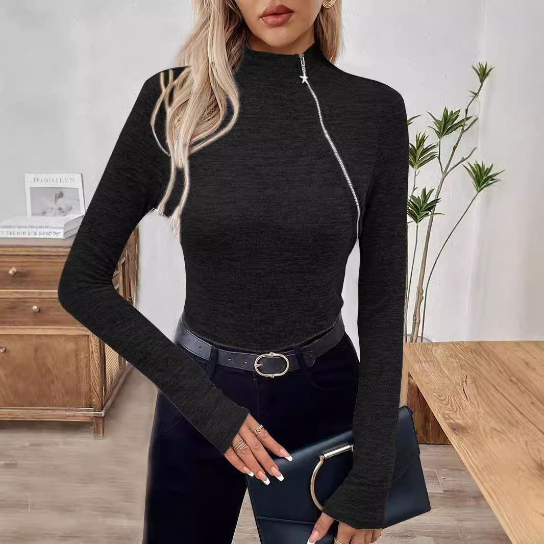 Turtleneck Oblique Zipper Long Sleeve Pullover Bottoming Shirt