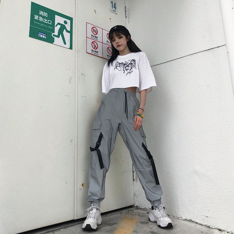 Harajuku Fenggang Crack Reflective Pants Men's And Women's Buckle Overalls Wide Leg Pants