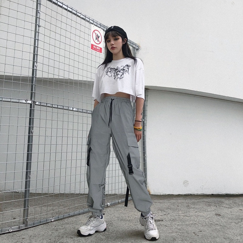 Harajuku Fenggang Crack Reflective Pants Men's And Women's Buckle Overalls Wide Leg Pants