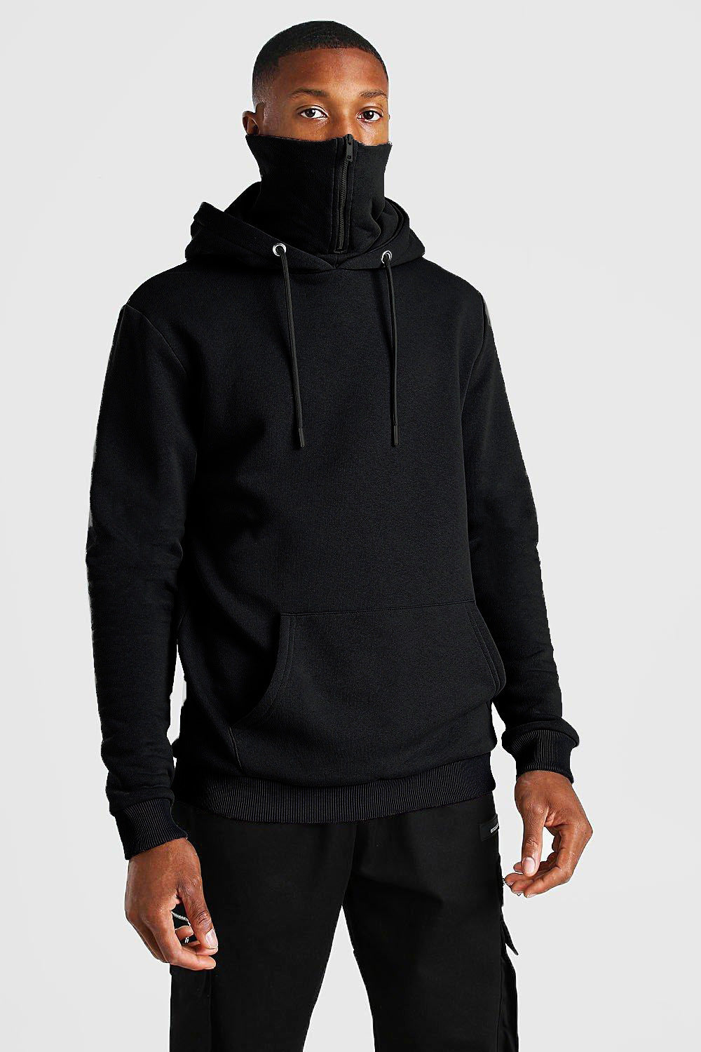 Men's hooded mask zipper solid color sweater