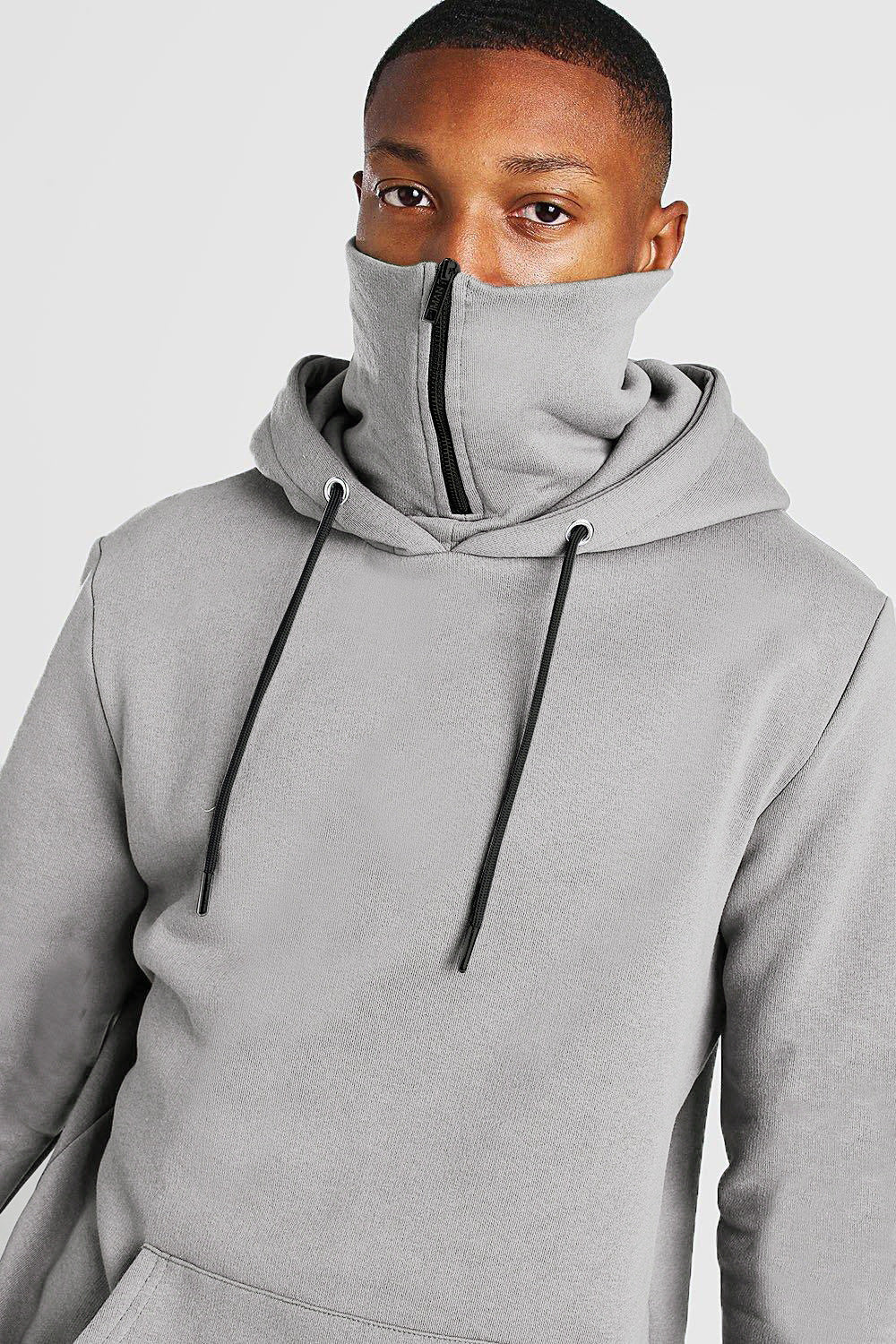 Men's hooded mask zipper solid color sweater