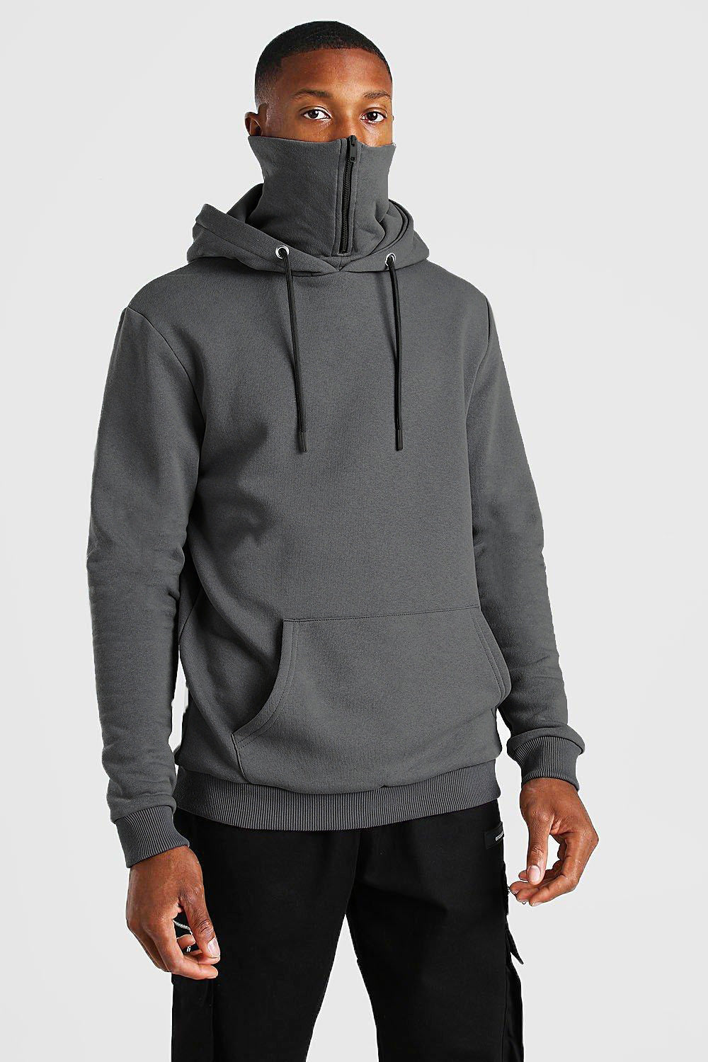 Men's hooded mask zipper solid color sweater