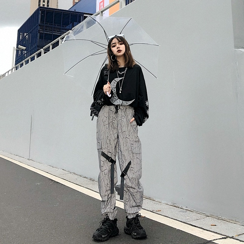 Harajuku Fenggang Crack Reflective Pants Men's And Women's Buckle Overalls Wide Leg Pants