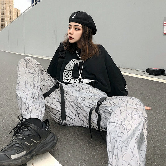 Harajuku Fenggang Crack Reflective Pants Men's And Women's Buckle Overalls Wide Leg Pants