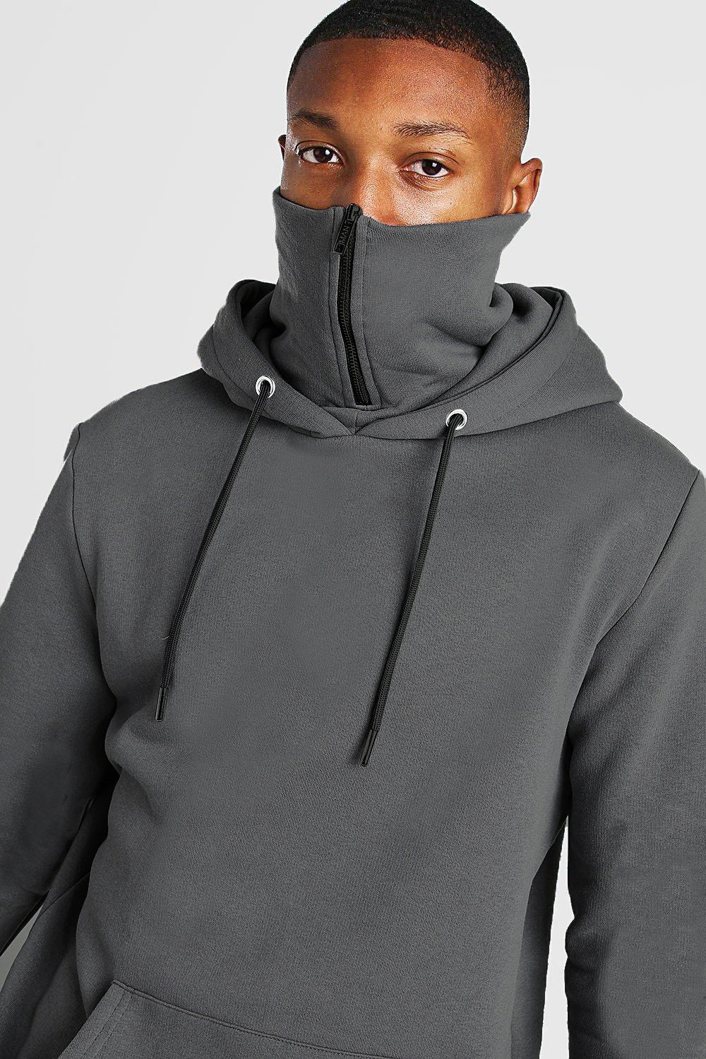 Men's hooded mask zipper solid color sweater