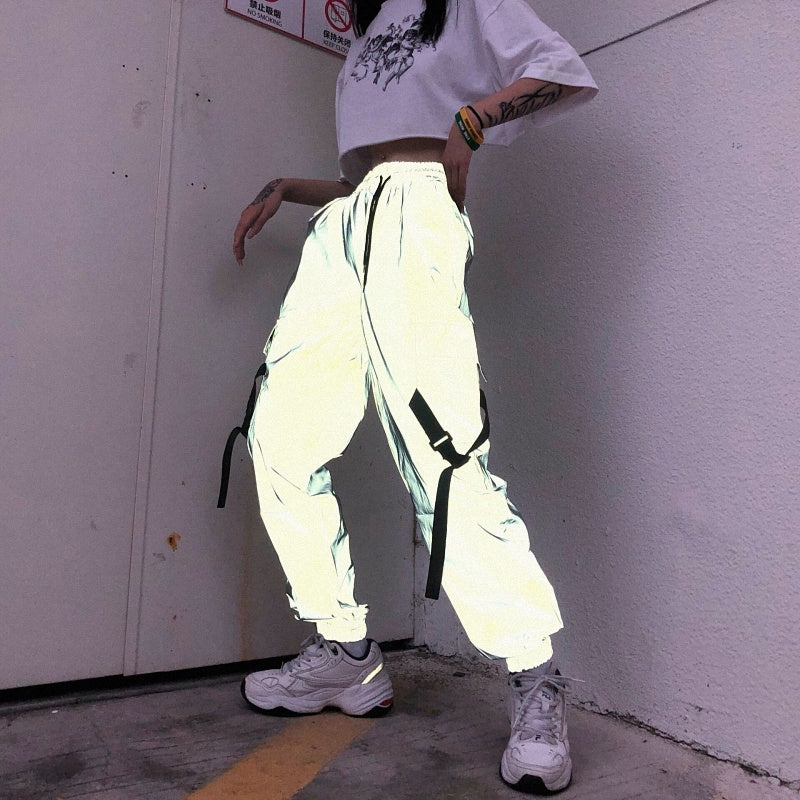 Harajuku Fenggang Crack Reflective Pants Men's And Women's Buckle Overalls Wide Leg Pants