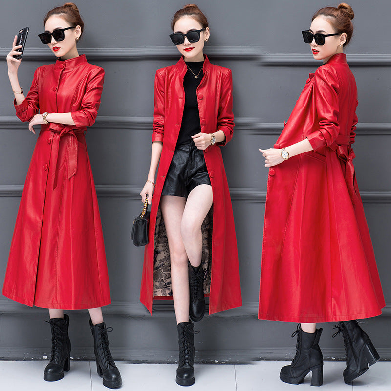 Spring And Autumn Long Women's Slim Fit Slimming Leather Wind Coat Fur Coat Baggy Coat