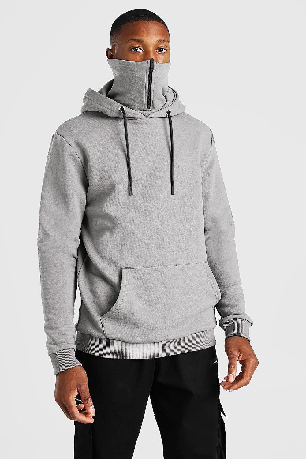 Men's hooded mask zipper solid color sweater