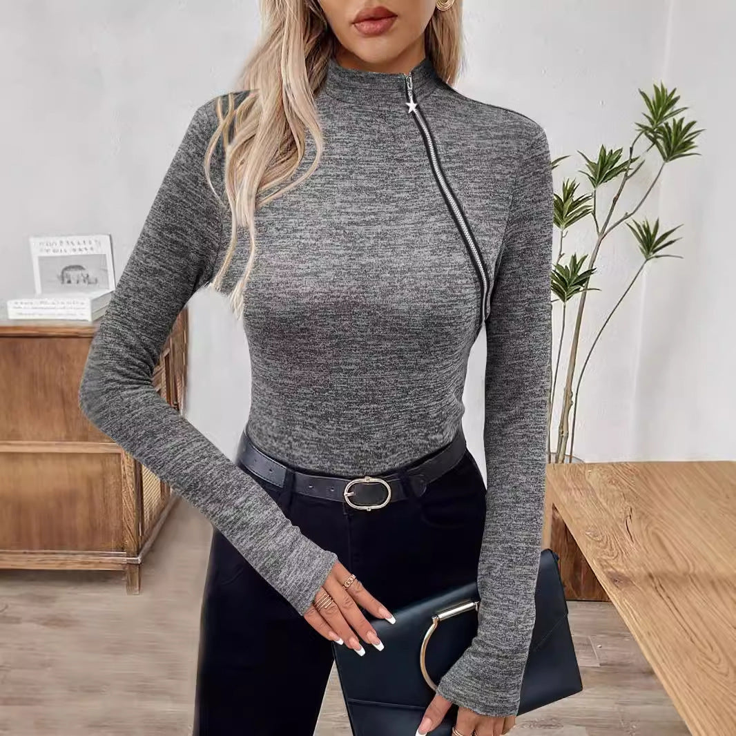 Turtleneck Oblique Zipper Long Sleeve Pullover Bottoming Shirt