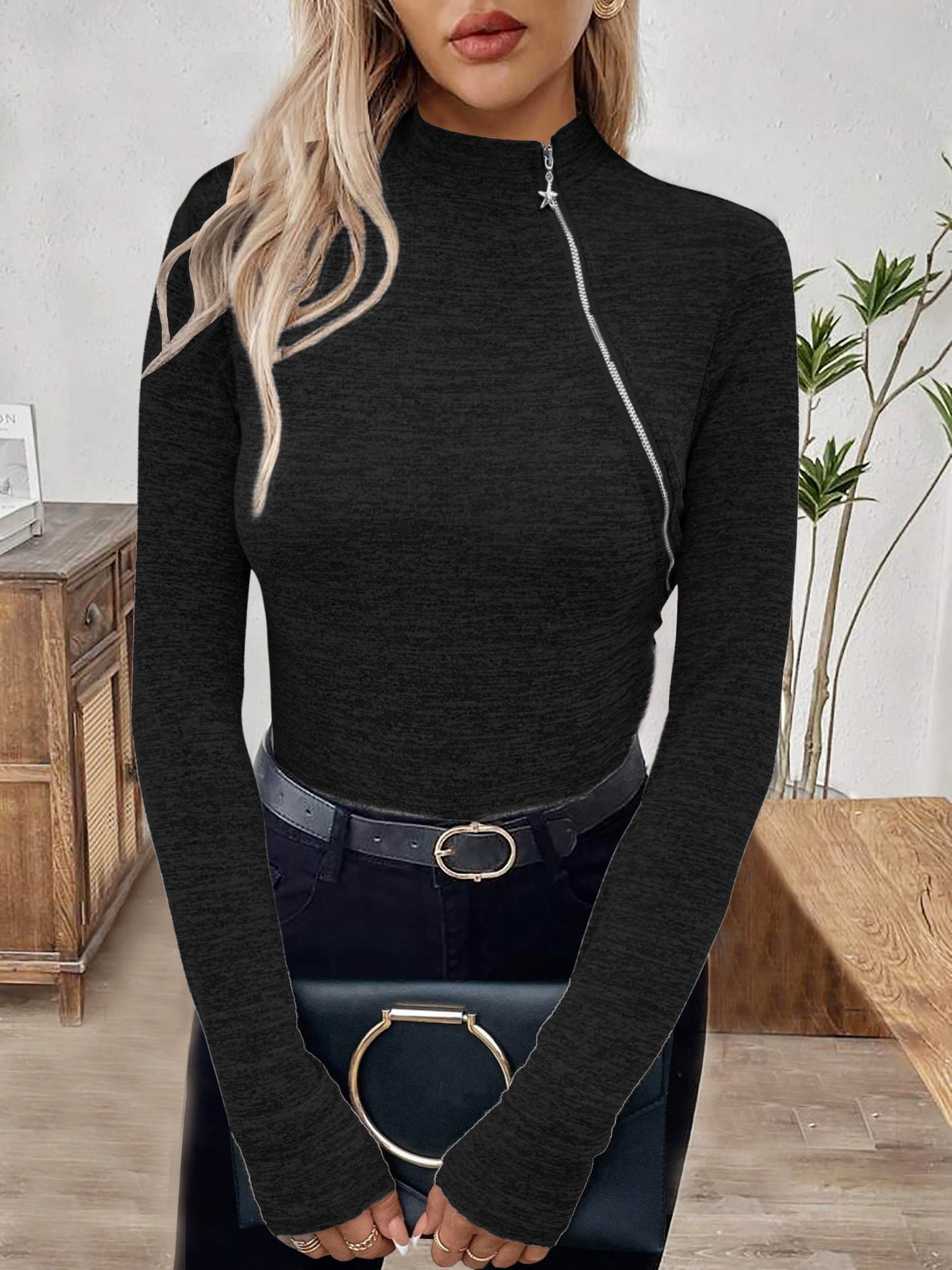 Turtleneck Oblique Zipper Long Sleeve Pullover Bottoming Shirt