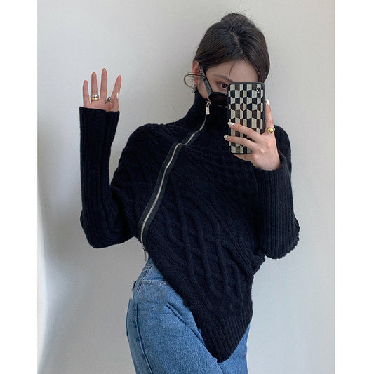 Turtleneck Zipper Loose Irregular Hem Pullover