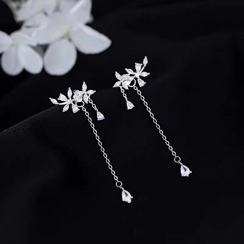 Sterling Silver Diamond Flower Long Women's Earrings